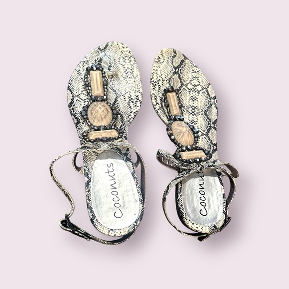 Coconuts by Matisse Shoes - Coconuts Cream and Black Snakeskin Print Sandals with Jewel Details